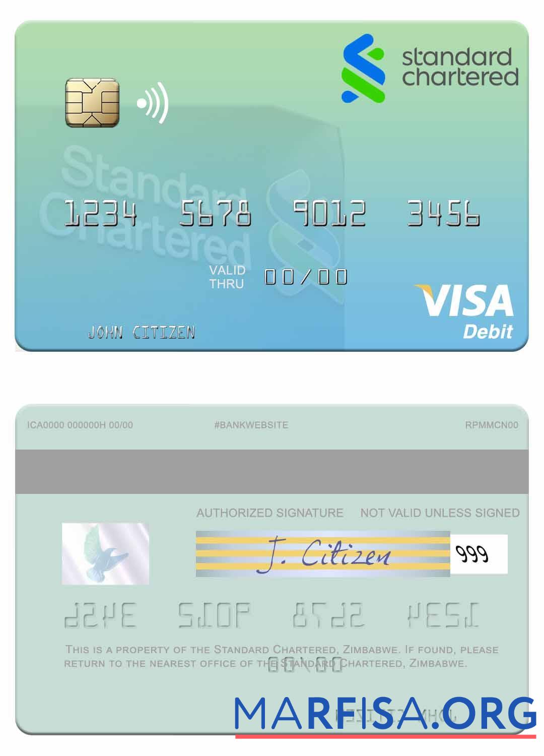 Blank Zimbabwe Standard Chartered visa debit card sample